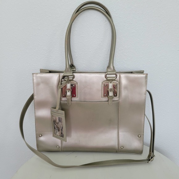 Wilsons Leather Handbags - Wilsons Leather Metallic Silver Large Tote Bag Purse Shoulder Bag Long Straps